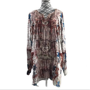 Tolani Printed Woven Henley Tunic Pleat‎ Blouse